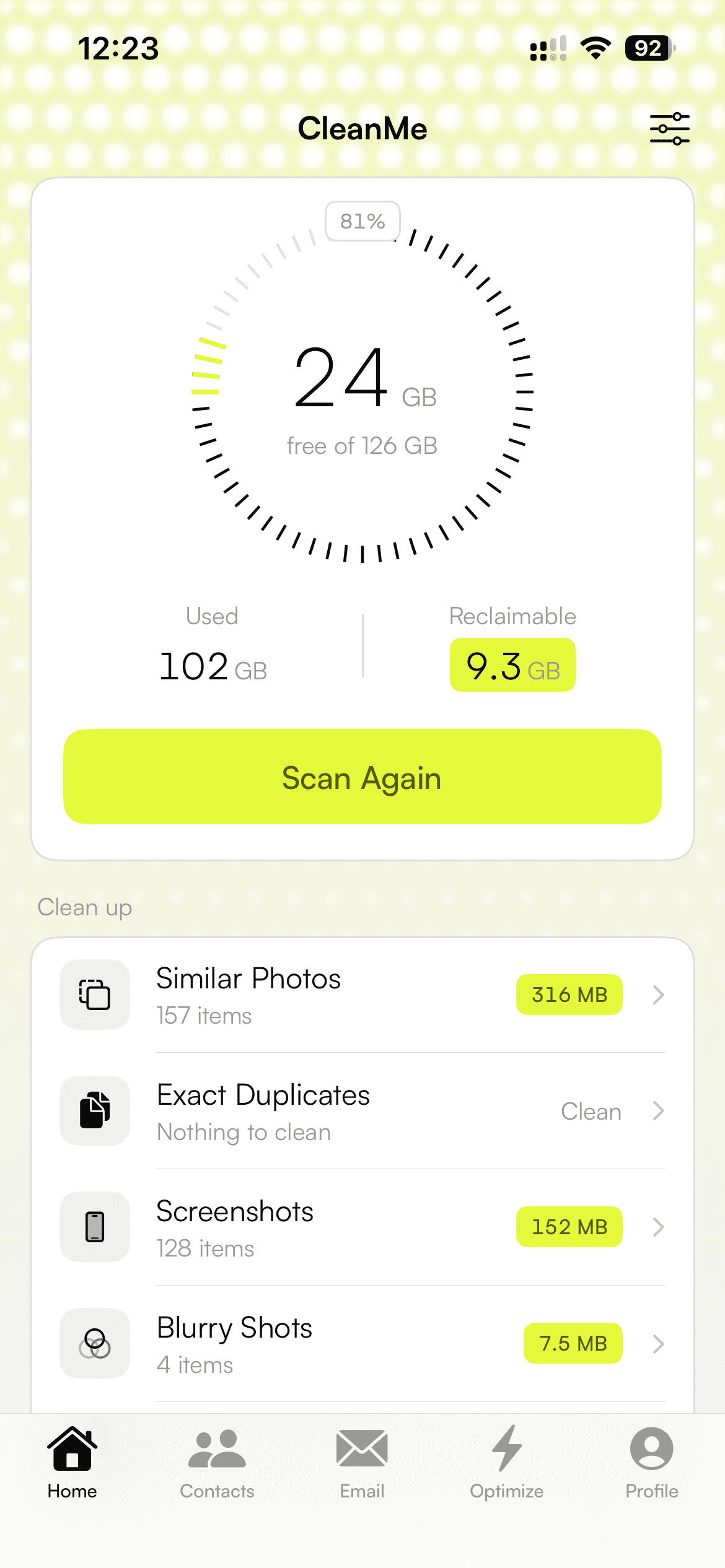 The CleanMe dashboard on an iPhone: 24 GB free of 126 GB, 9.3 GB reclaimable, and the clean-up categories beneath it.